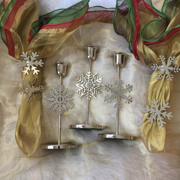 3 Candlesticks & 4 napkin rings winter/holiday set